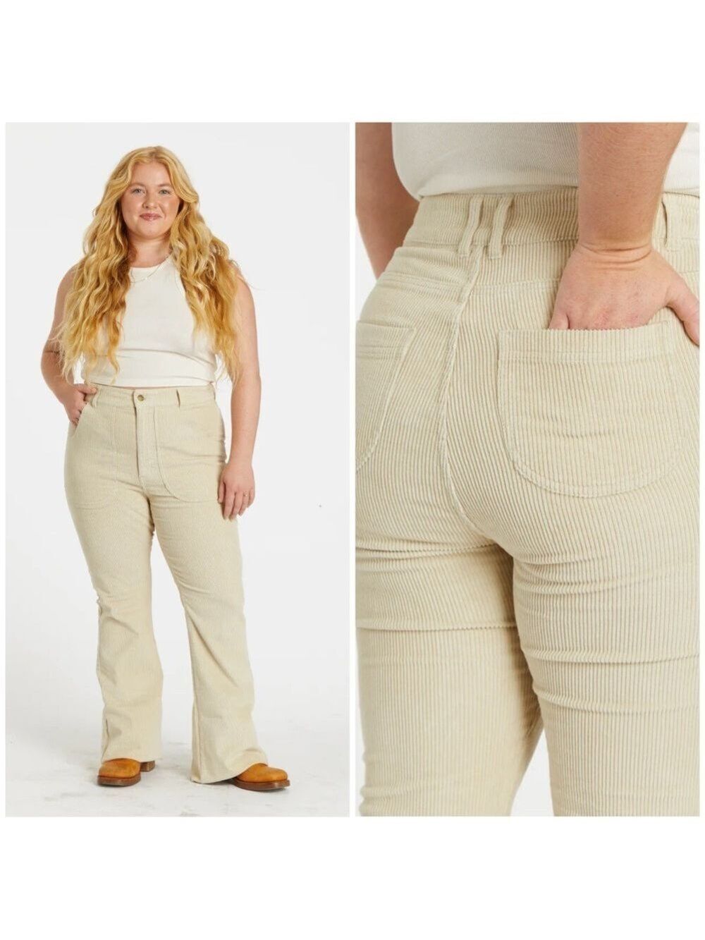 Hammies Corduroy Bell Bottom Flare High Waisted Jeans in Sand